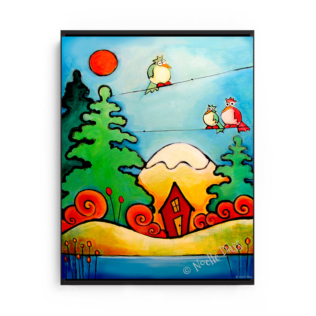 Birds with Cabin in the Woods Canvas / 11x14 / Black Floating Frame