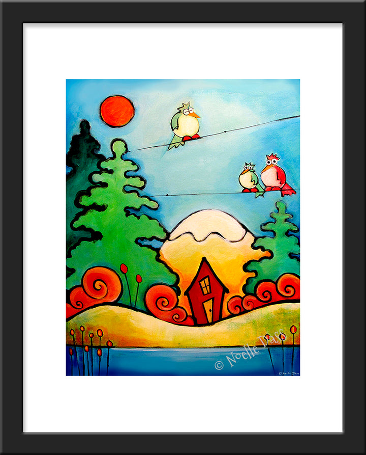 Birds with Cabin in the Woods Paper / 11x14 with white border/image is 8x10 / Black Frame