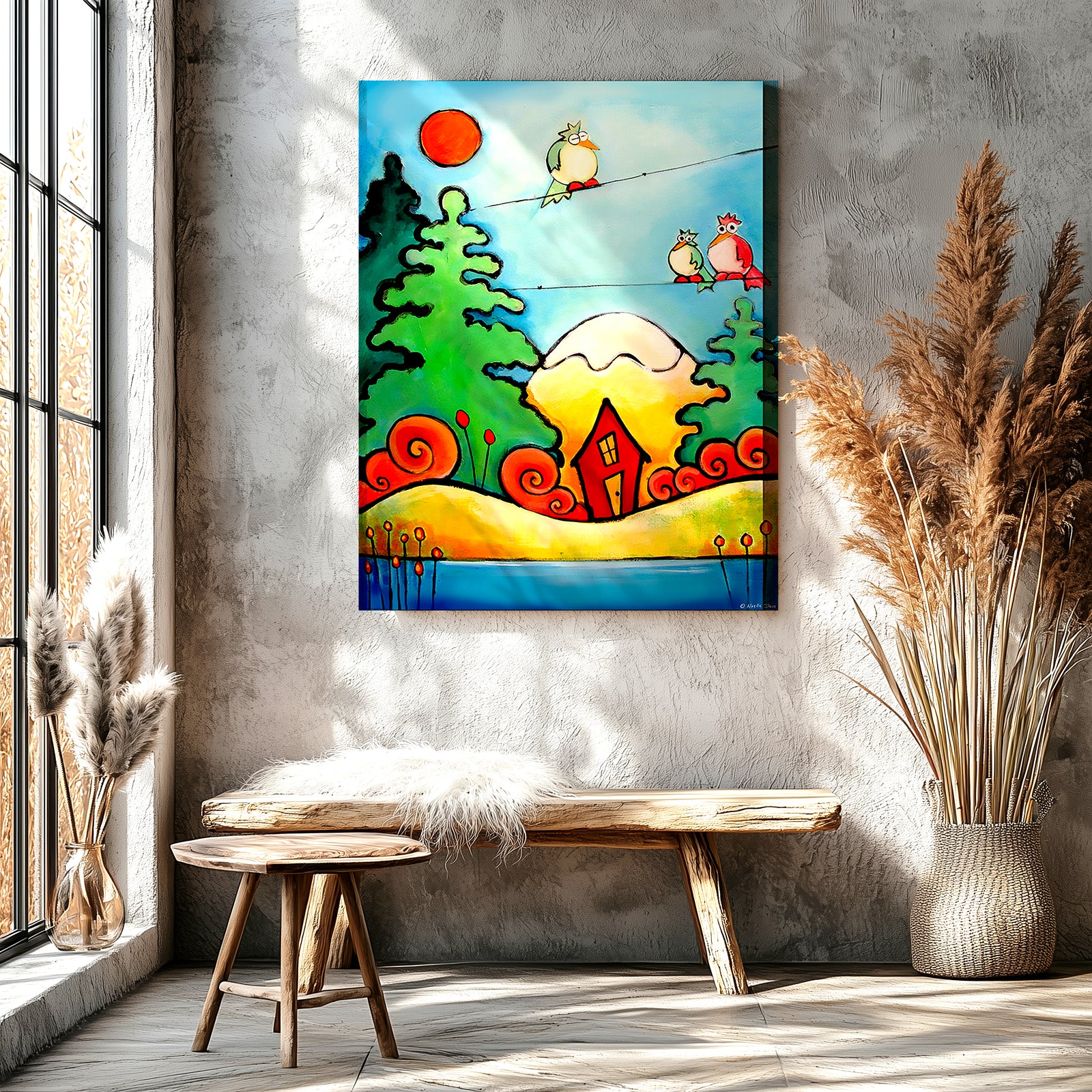 Colorful birds around a cozy cabin in the woods, peaceful woodland art print