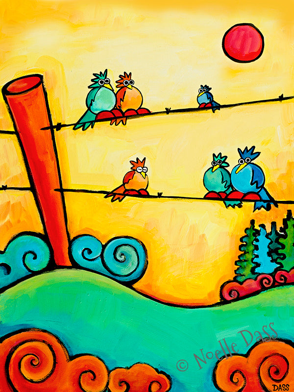 Colorful birds sitting lazily on a fence, relaxed bird art print