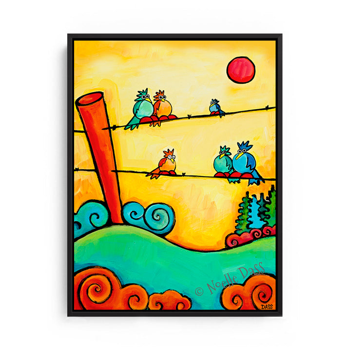 Lazy Birds on Fence Canvas / 11x14 / Black Floating Frame