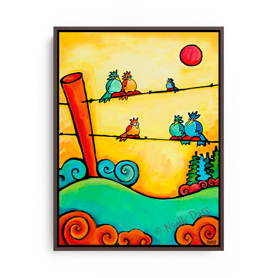 Lazy Birds on Fence Canvas / 11x14 / Espresso Floating Frame