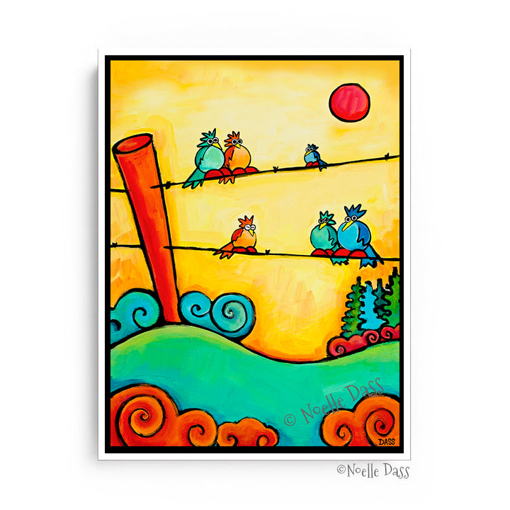 Lazy Birds on Fence Canvas / 11x14 / White Floating Frame