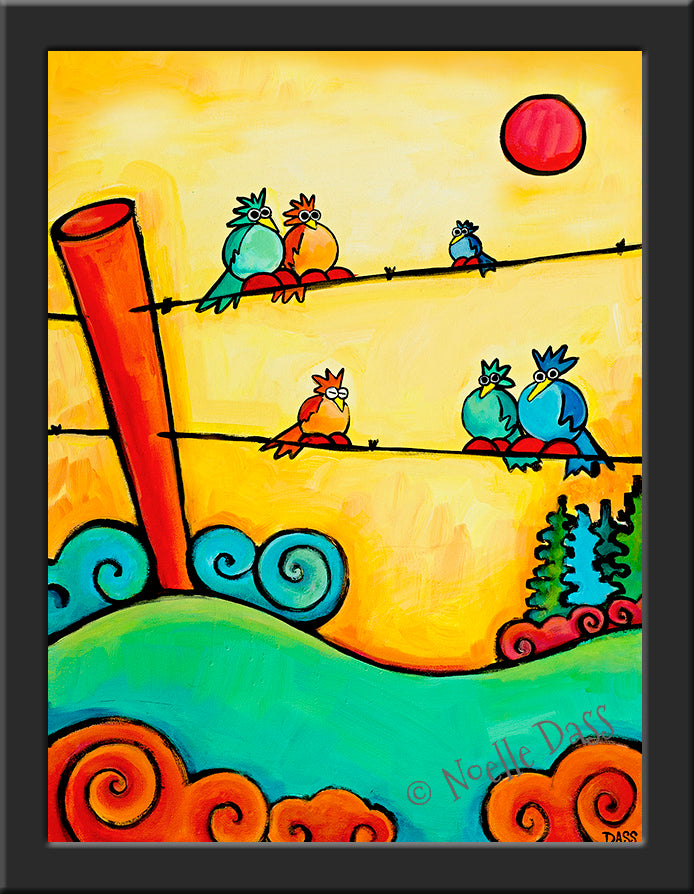 Lazy Birds on Fence Paper / 6x8 / Framed