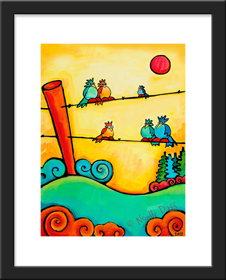 Lazy Birds on Fence Paper / 11x14 with white border/image is 8x10 / Black Frame