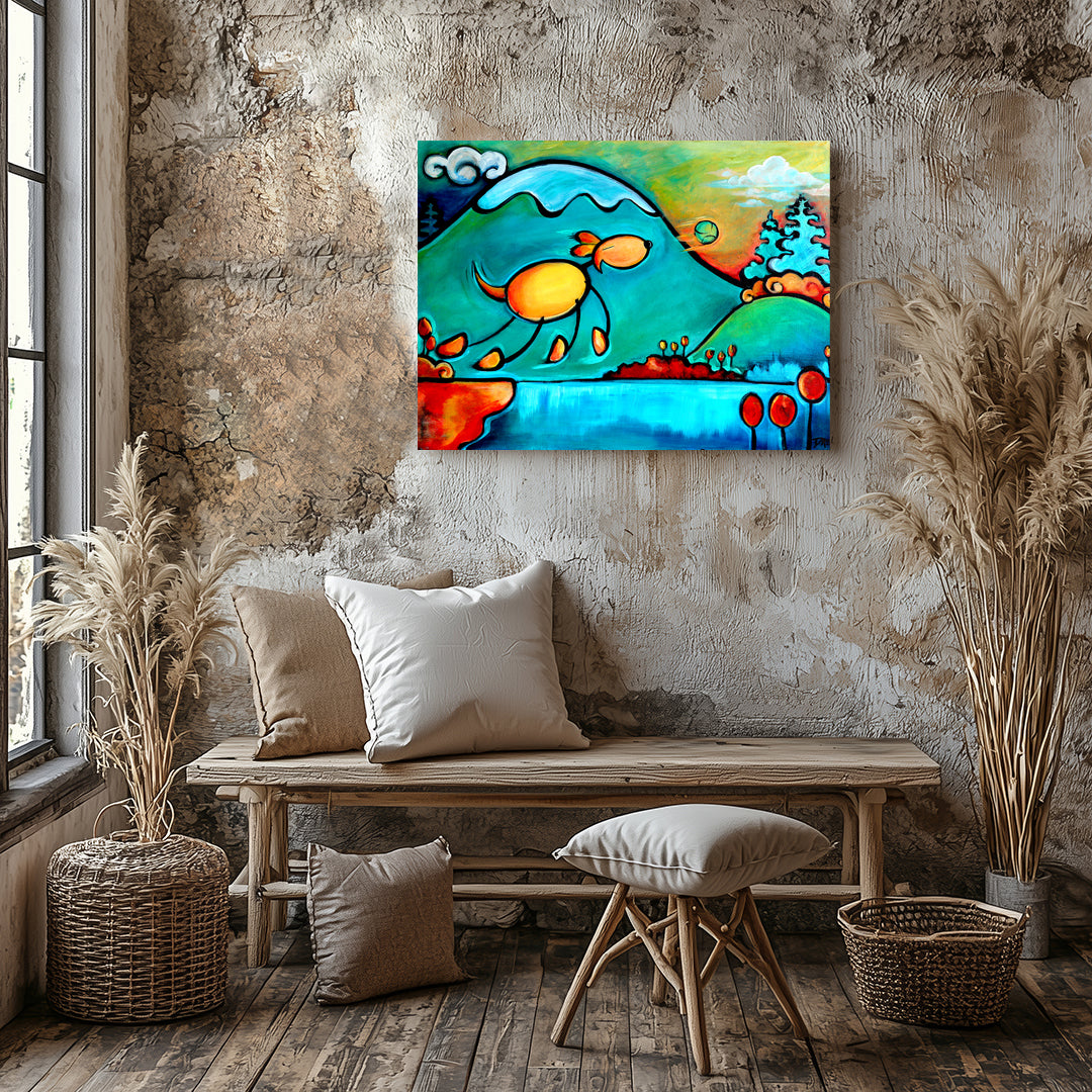Dog leaping through the air over mountains with a tennis ball, bold dog art print