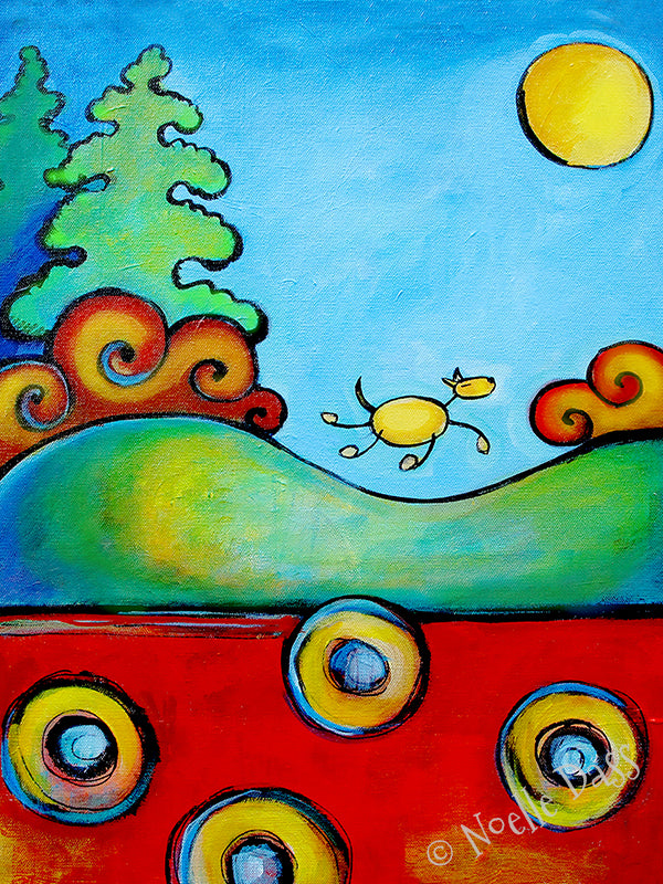 Dog running freely through colorful open hills and landscape, joyful dog art print