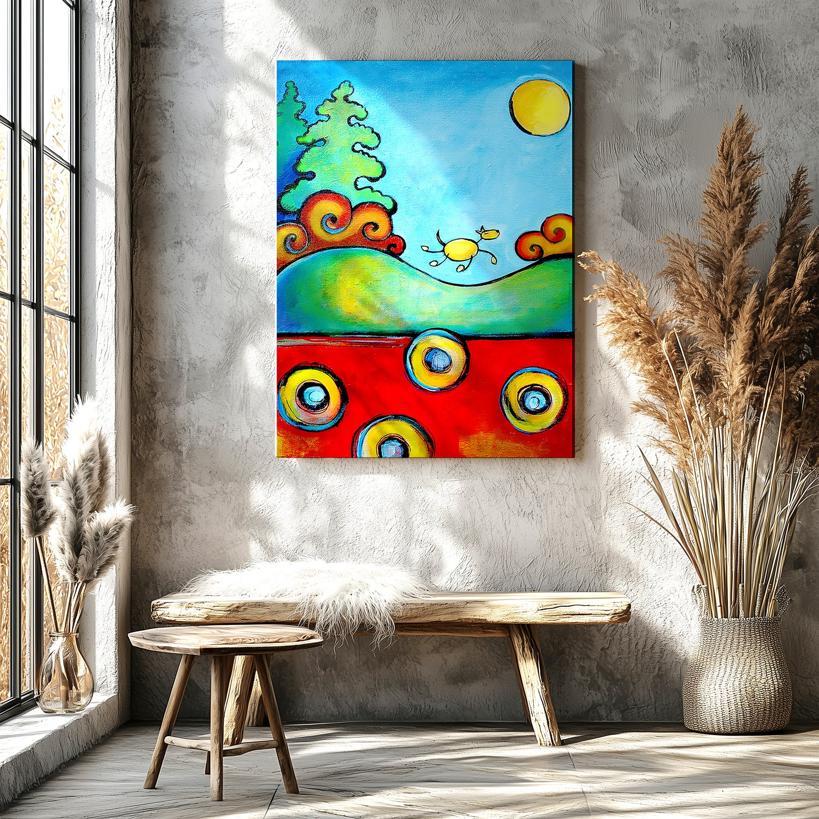 Dog running freely through colorful open hills and landscape, joyful dog art print