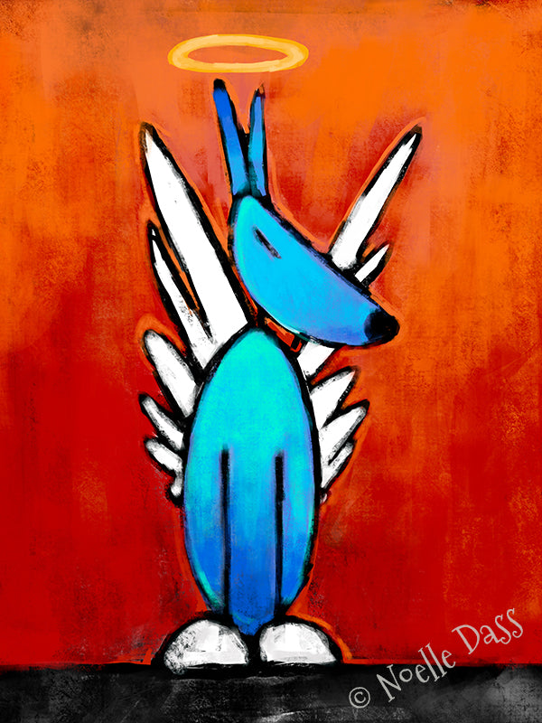 Dog angel with wings looking down with love, tender dog angel art print