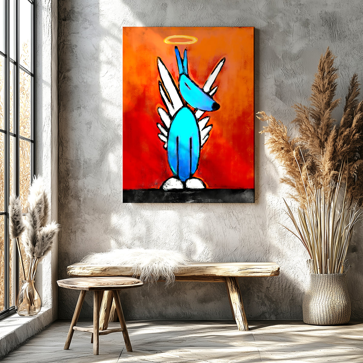 Dog angel with wings looking down with love, tender dog angel art print