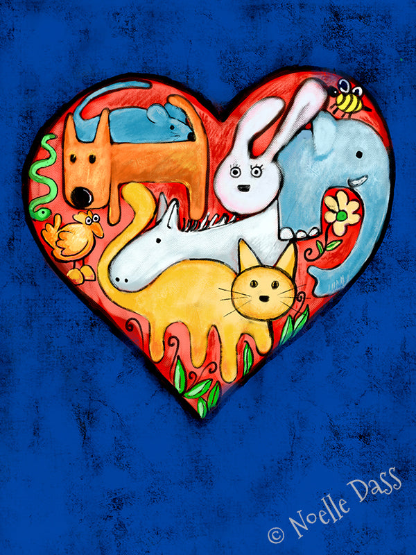 Heart made of colorful dogs cats horses and elephants, love all animals art print