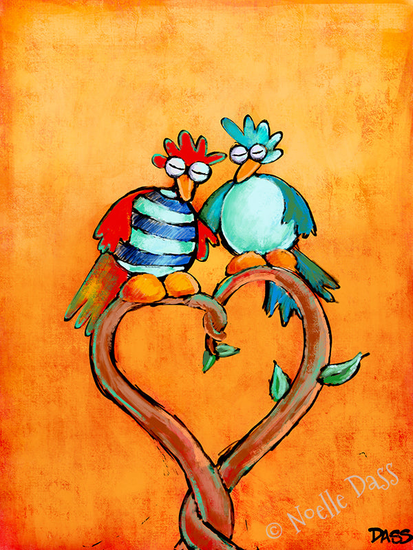 Two colorful birds sharing a heart, romantic love birds art print