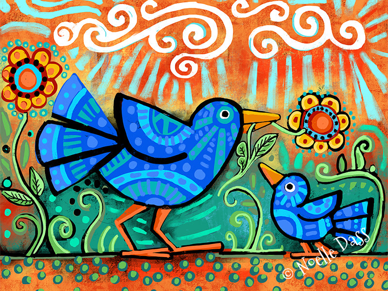 Mama and baby bird folk art painting, colorful tender bird art print