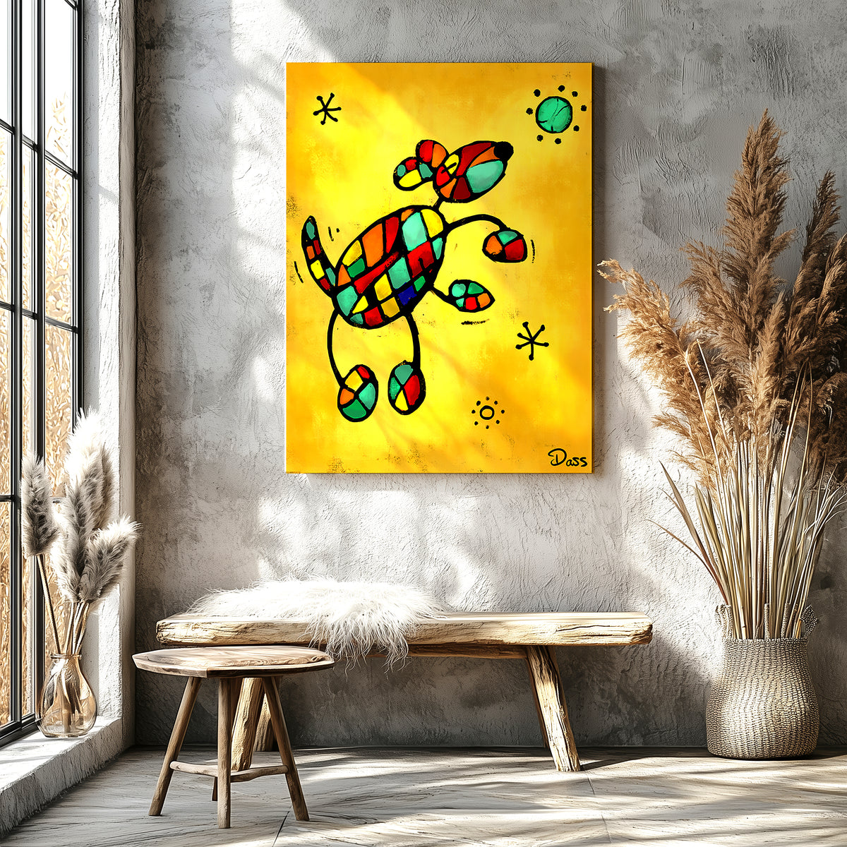 Dog painted in Miro-inspired abstract colorful style, modern dog art print