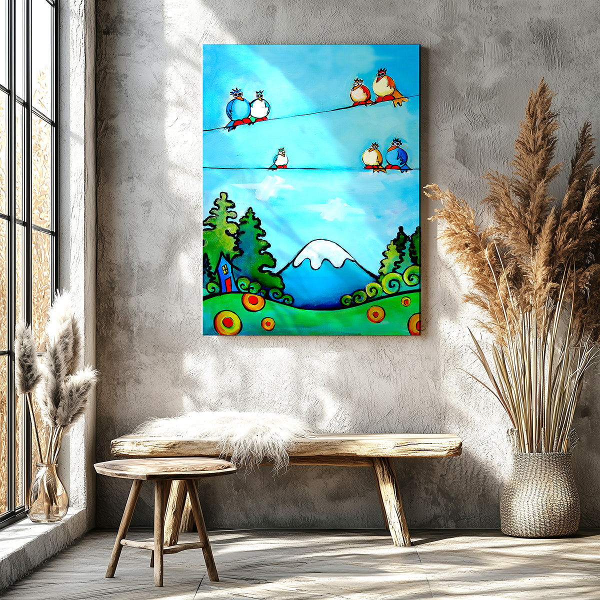 Colorful birds in a sweeping mountain landscape, vibrant mountain birdscape art print