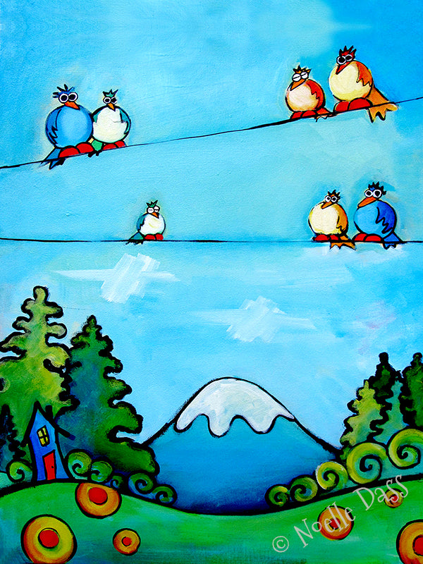 Colorful birds in a sweeping mountain landscape, vibrant mountain birdscape art print