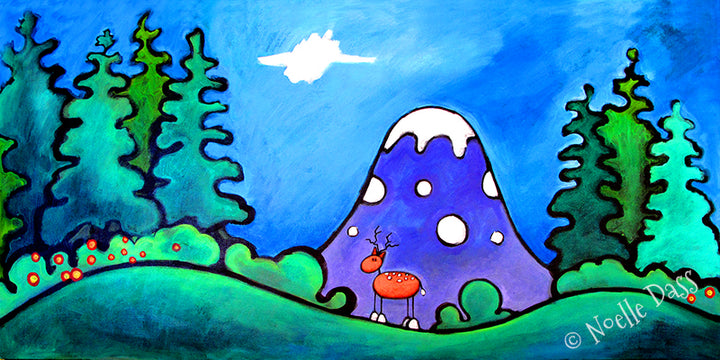 Deer standing before a colorful mountain view, peaceful wildlife landscape art print