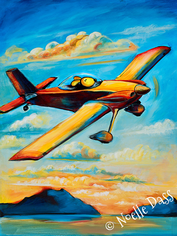 Dog piloting an RV4 aircraft home at sunset over mountains, golden aviation dog art print