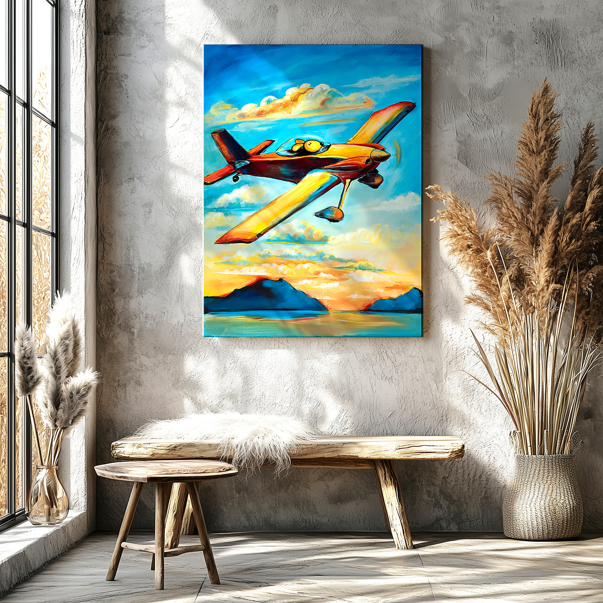 Dog piloting an RV4 aircraft home at sunset over mountains, golden aviation dog art print