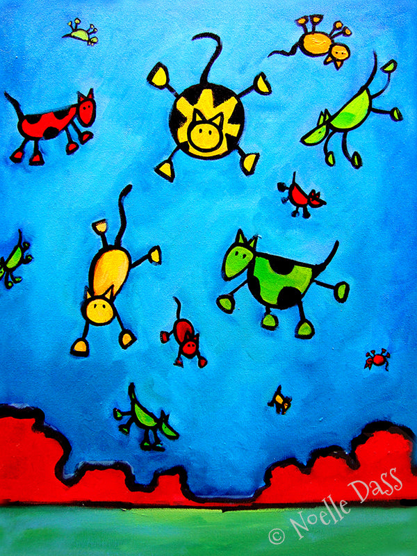 Cats and dogs falling from colorful cloudy sky, funny whimsical animal art print