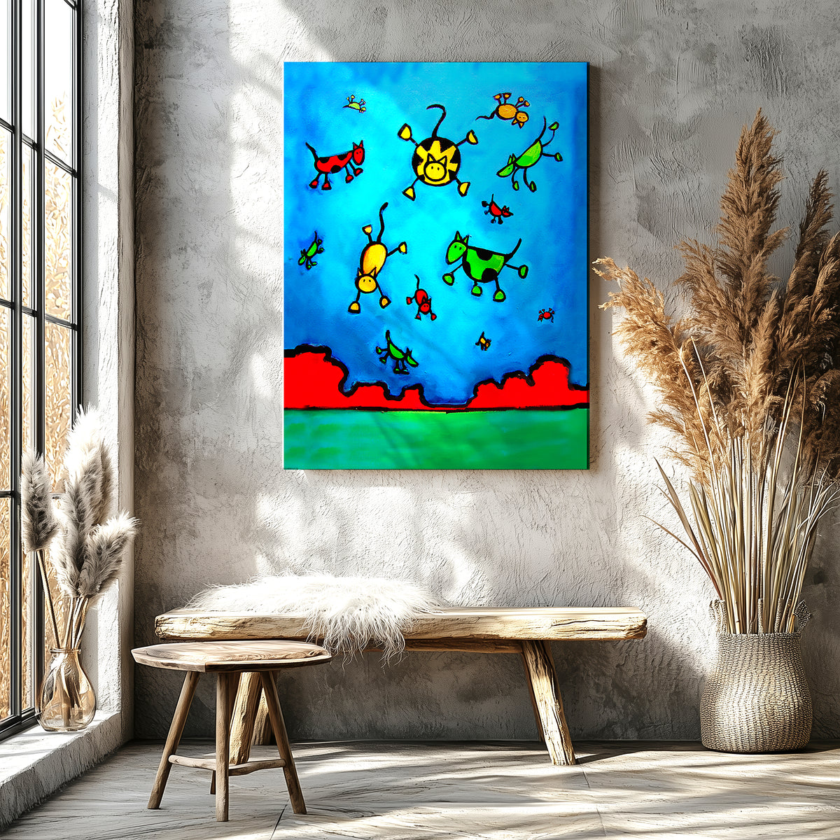 Cats and dogs falling from colorful cloudy sky, funny whimsical animal art print