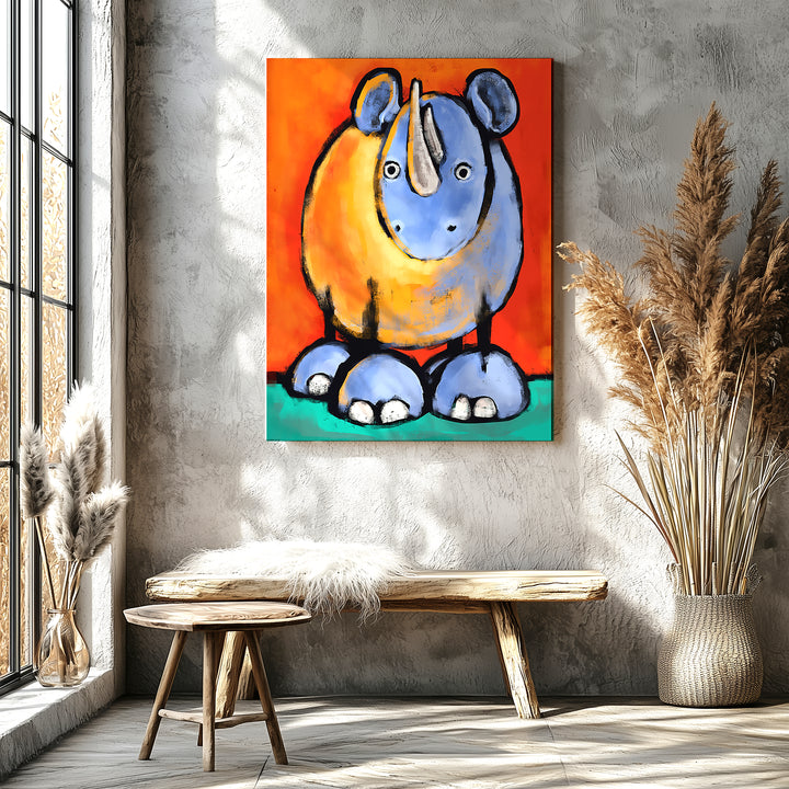 Colorful rhino with a be kind message, bold rhino art print