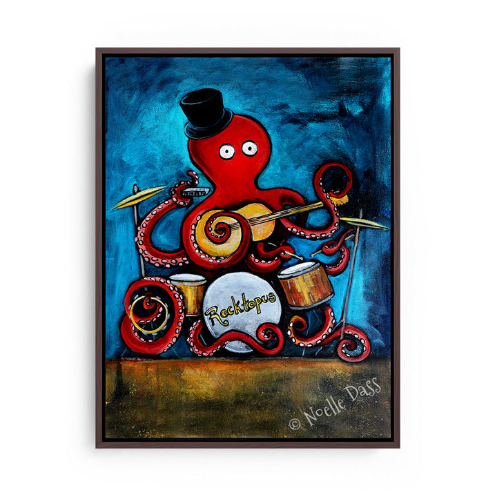 Rocktopus Octopus Musician Art Canvas / 11x14 / Espresso Floating Frame