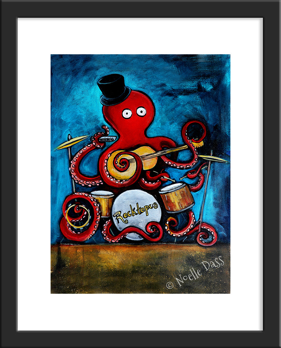 Rocktopus Octopus Musician Art Paper / 11x14 with white border/image is 8x10 / Black Frame