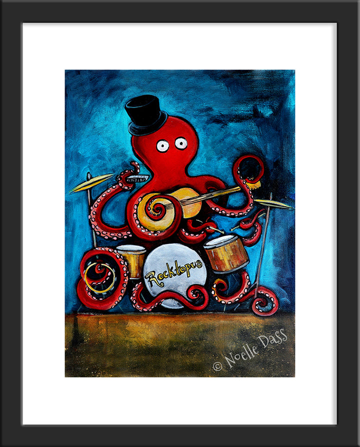 Rocktopus Octopus Musician Art Paper / 11x14 with white border/image is 8x10 / Black Frame