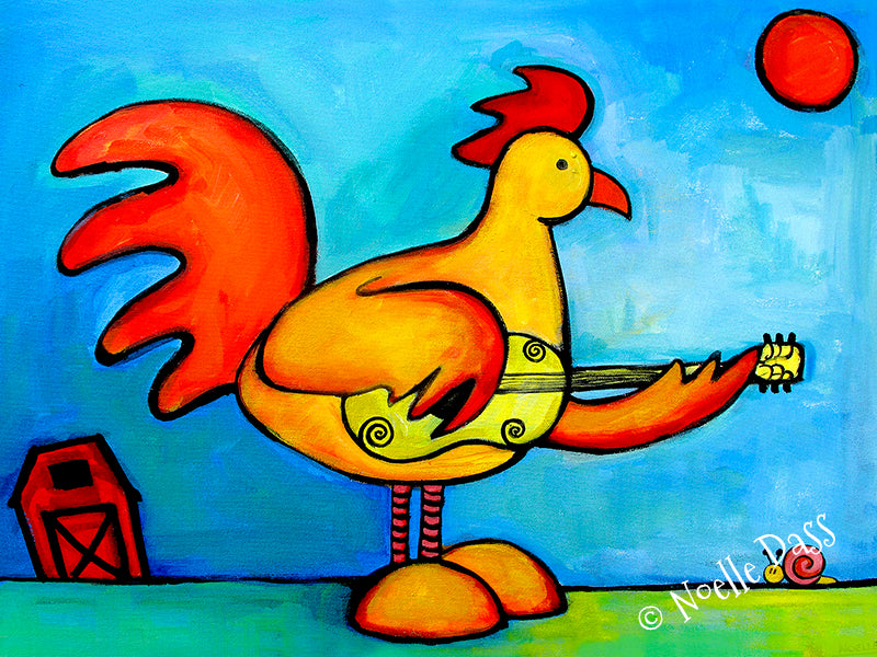 Rooster playing guitar for a snail, colorful whimsical animal art print