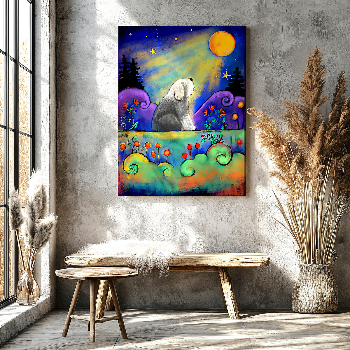 Sheepdog Gazing at Moon art print by Noelle Dass shown on a wall