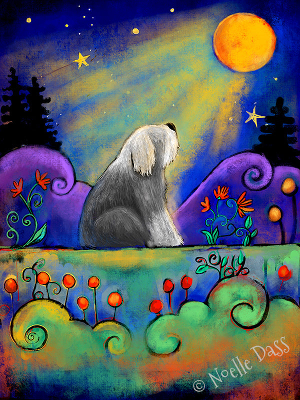 Old English sheepdog gazing up at the full moon at night, dreamy dog art print