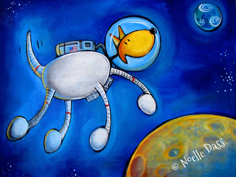 Dog in NASA spacesuit on a spacewalk near the moon, colorful space dog art print