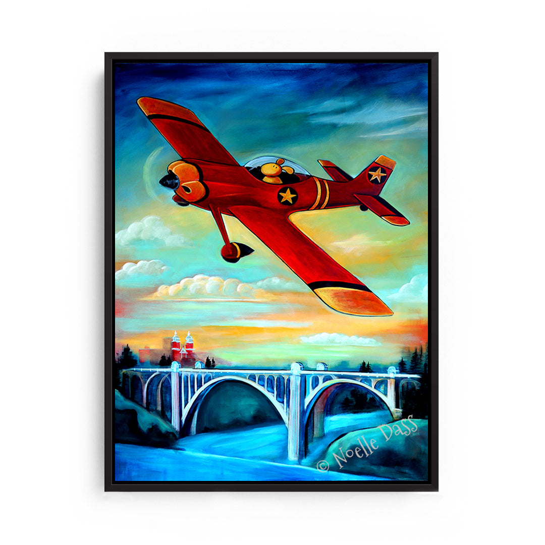 Pilot Dog over Spokane Canvas / 11x14 / Black Floating Frame