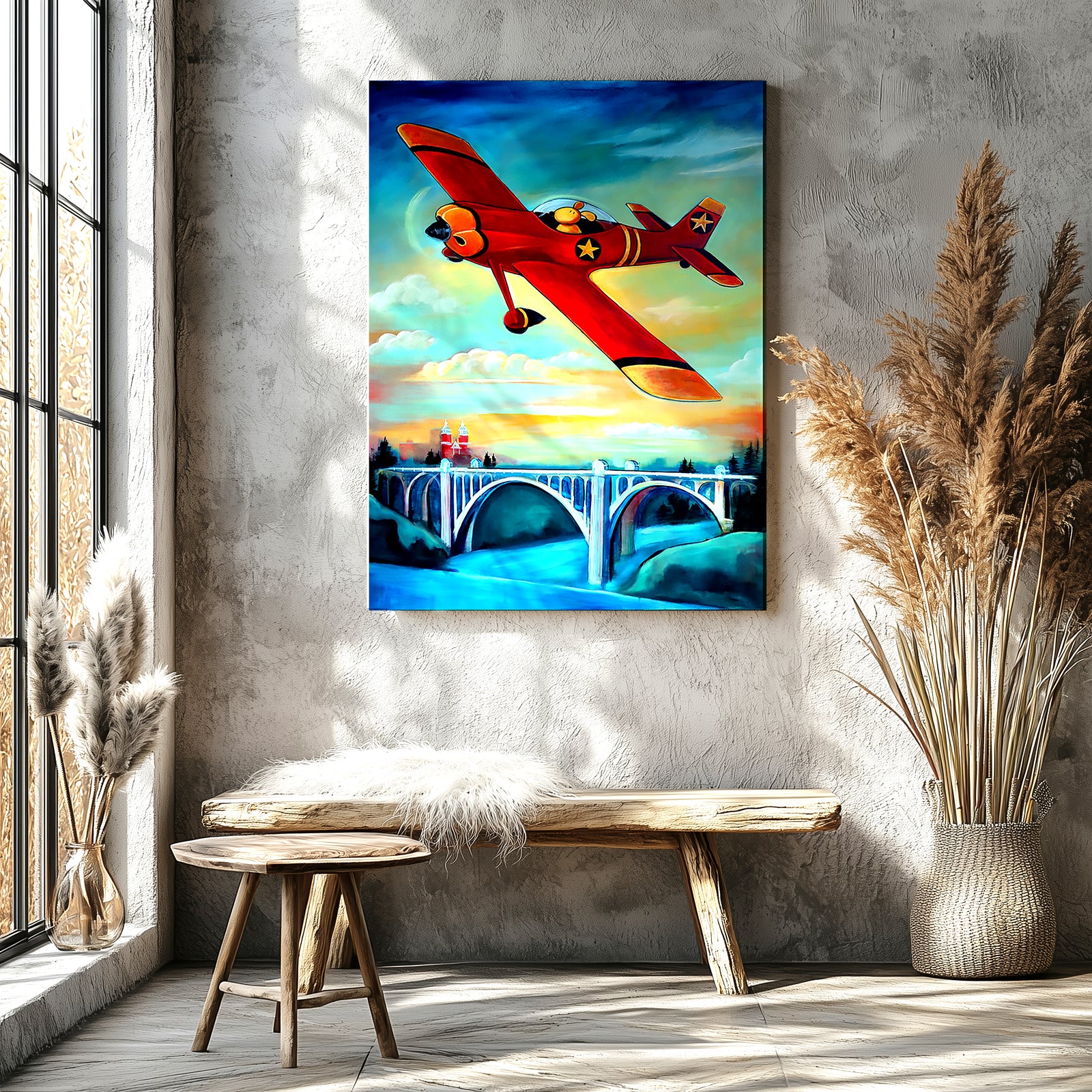 Dog piloting an RV4 biplane over Spokane, colorful aviation dog art print