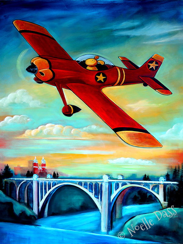 Dog piloting an RV4 biplane over Spokane, colorful aviation dog art print