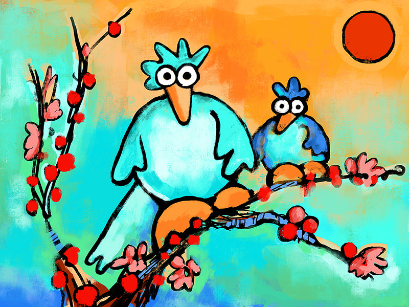 Colorful birds celebrating spring, bright cheerful spring bird art print