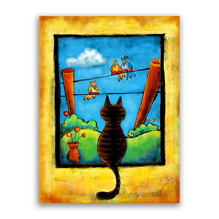 Staring Contest (Cat and Bird art) Canvas / 11x14 / Unframed