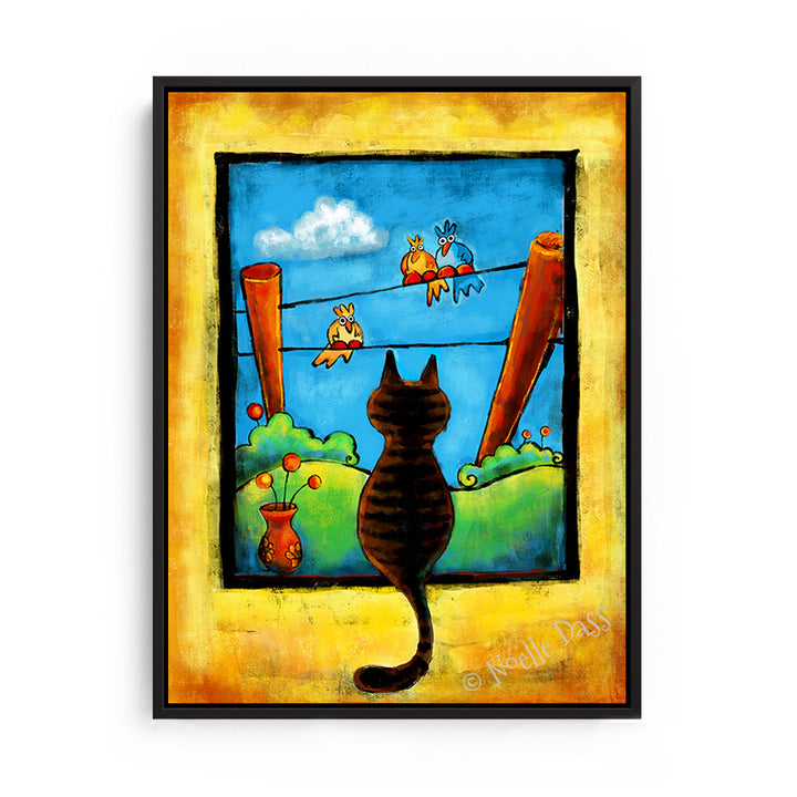 Staring Contest (Cat and Bird art) Canvas / 11x14 / Black Floating Frame