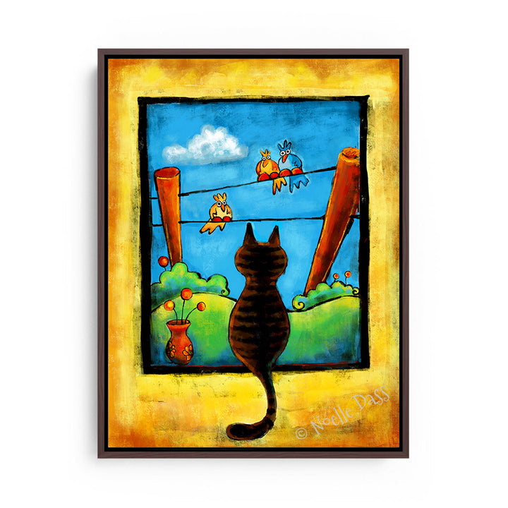 Staring Contest (Cat and Bird art) Canvas / 11x14 / Espresso Floating Frame