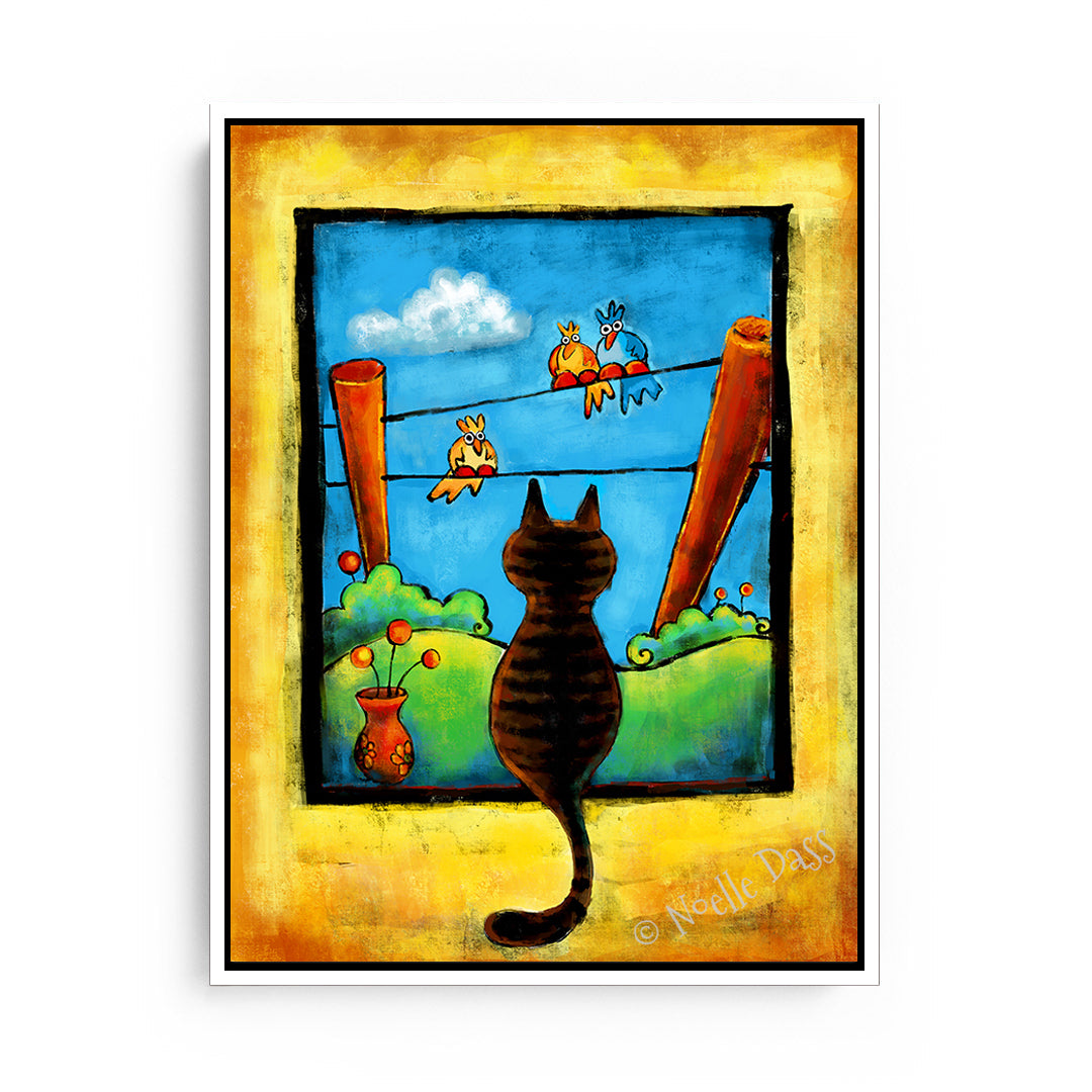 Staring Contest (Cat and Bird art) Canvas / 11x14 / White Floating Frame