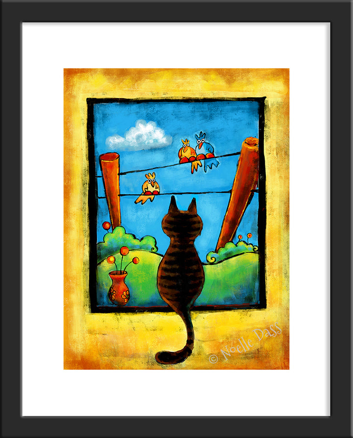 Staring Contest (Cat and Bird art) Paper / 11x14 with white border/image is 8x10 / Black Frame