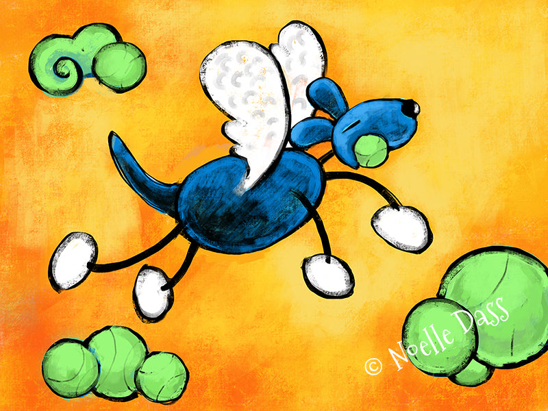 Dog angel surrounded by tennis balls in the afterlife, tender comforting dog art print