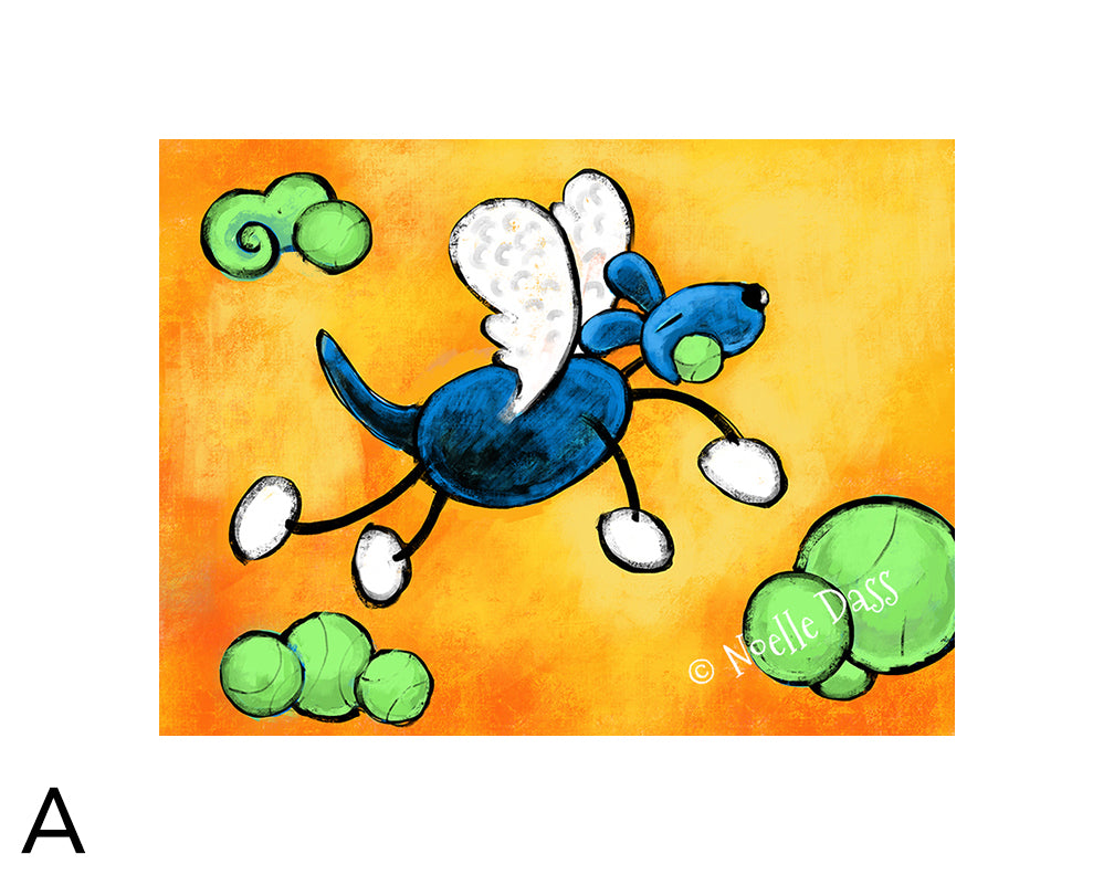 Still Happy (Dog in the afterlife with tennis balls) matted archival paper art print, 11x14 with white border, by Noelle Dass