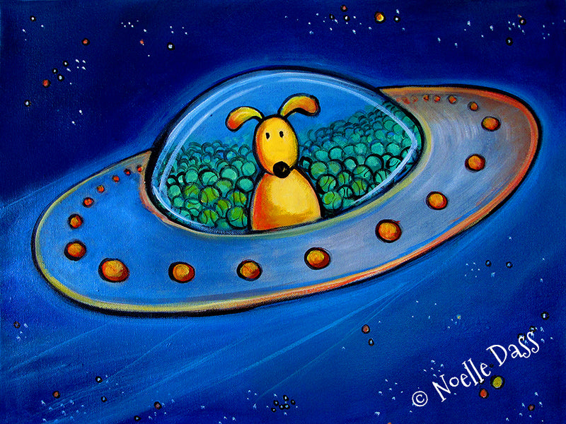 Dog piloting a UFO filled with tennis balls, funny dog art print