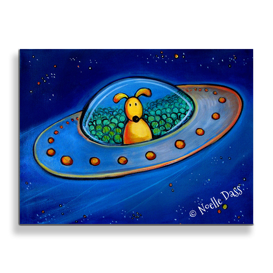 The Great Escape (Dog in UFO with tennis balls) Canvas / 30x40 / Unframed