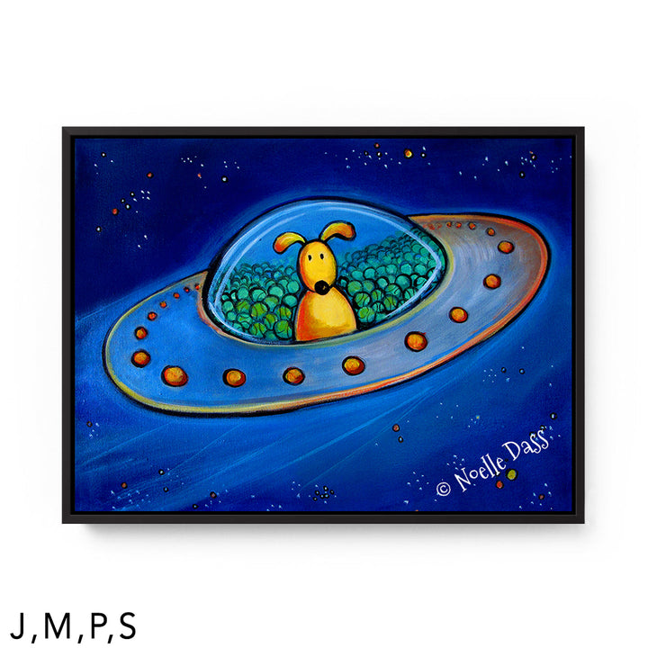 The Great Escape (Dog in UFO with tennis balls) S: Framed Canvas - Black 30x40 in.