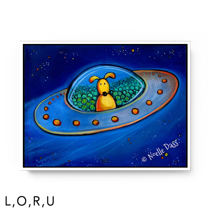The Great Escape (Dog in UFO with tennis balls) U: Framed Canvas - White 30x40 in.