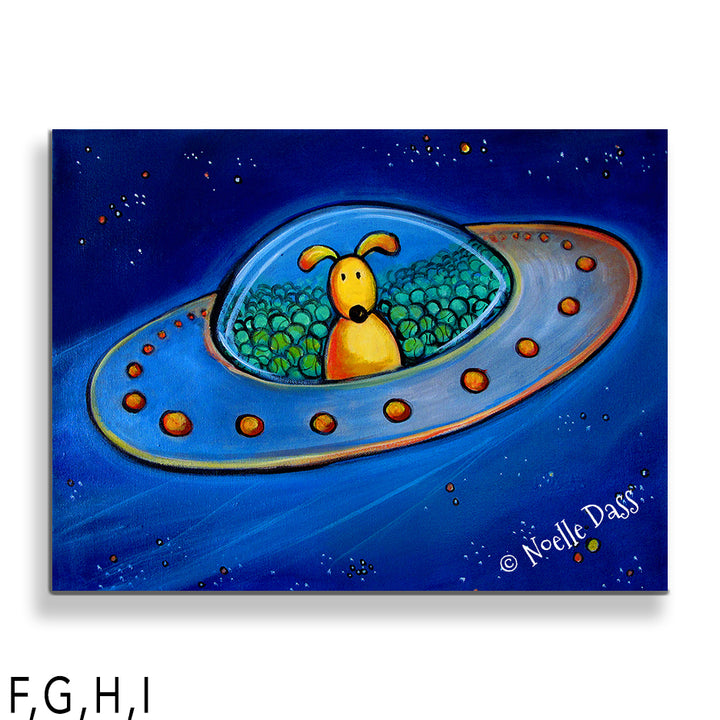 The Great Escape (Dog in UFO with tennis balls) I: Canvas 30x40 in.
