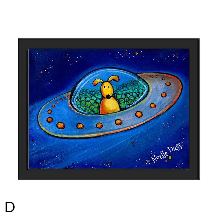 The Great Escape (Dog in UFO with tennis balls) D. Framed 6x8 in. paper
